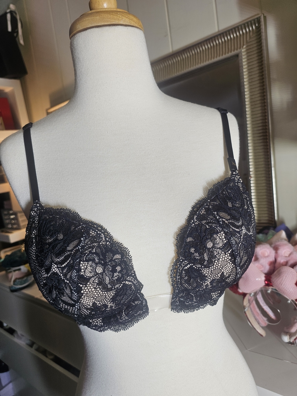 Victoria's Secret Black Lace Plunge Bra with Sheer Floral Panels